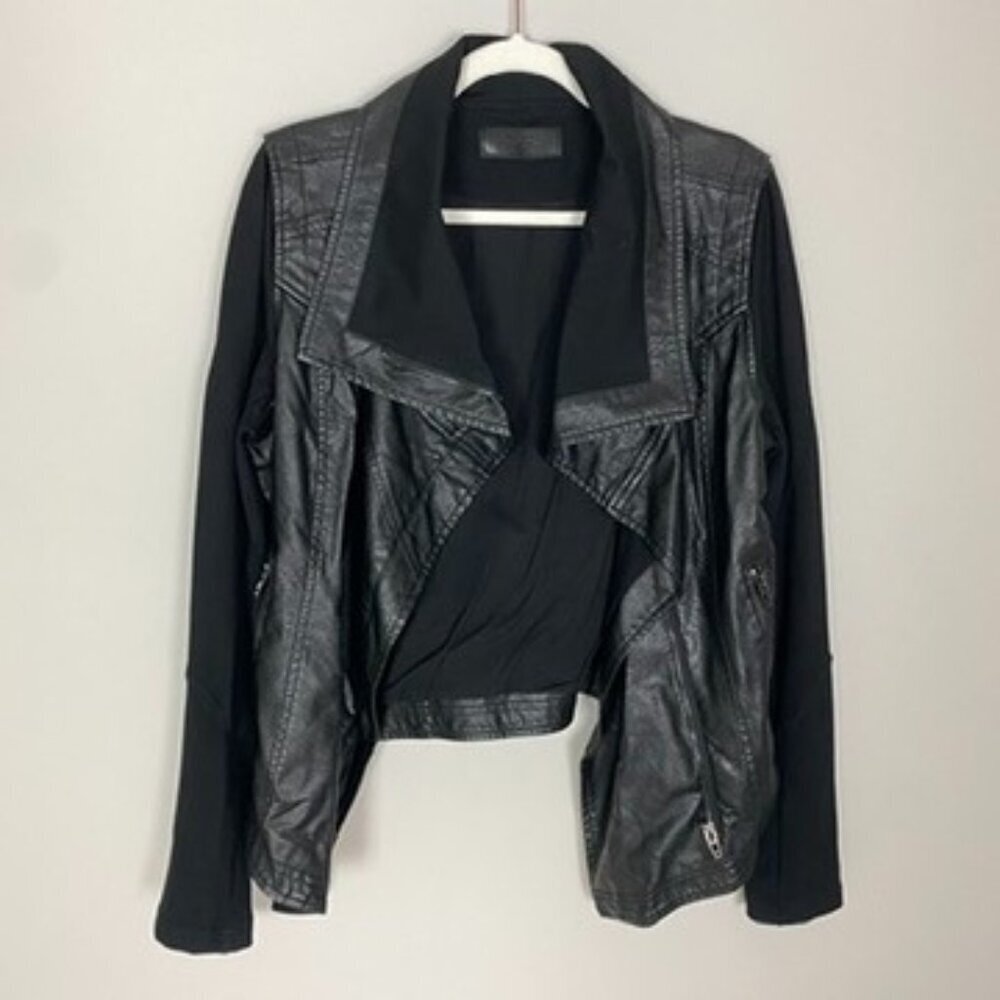Blank NYC Faux Leather Moto Jacket Womens Large Black Mock Neck Drape Front